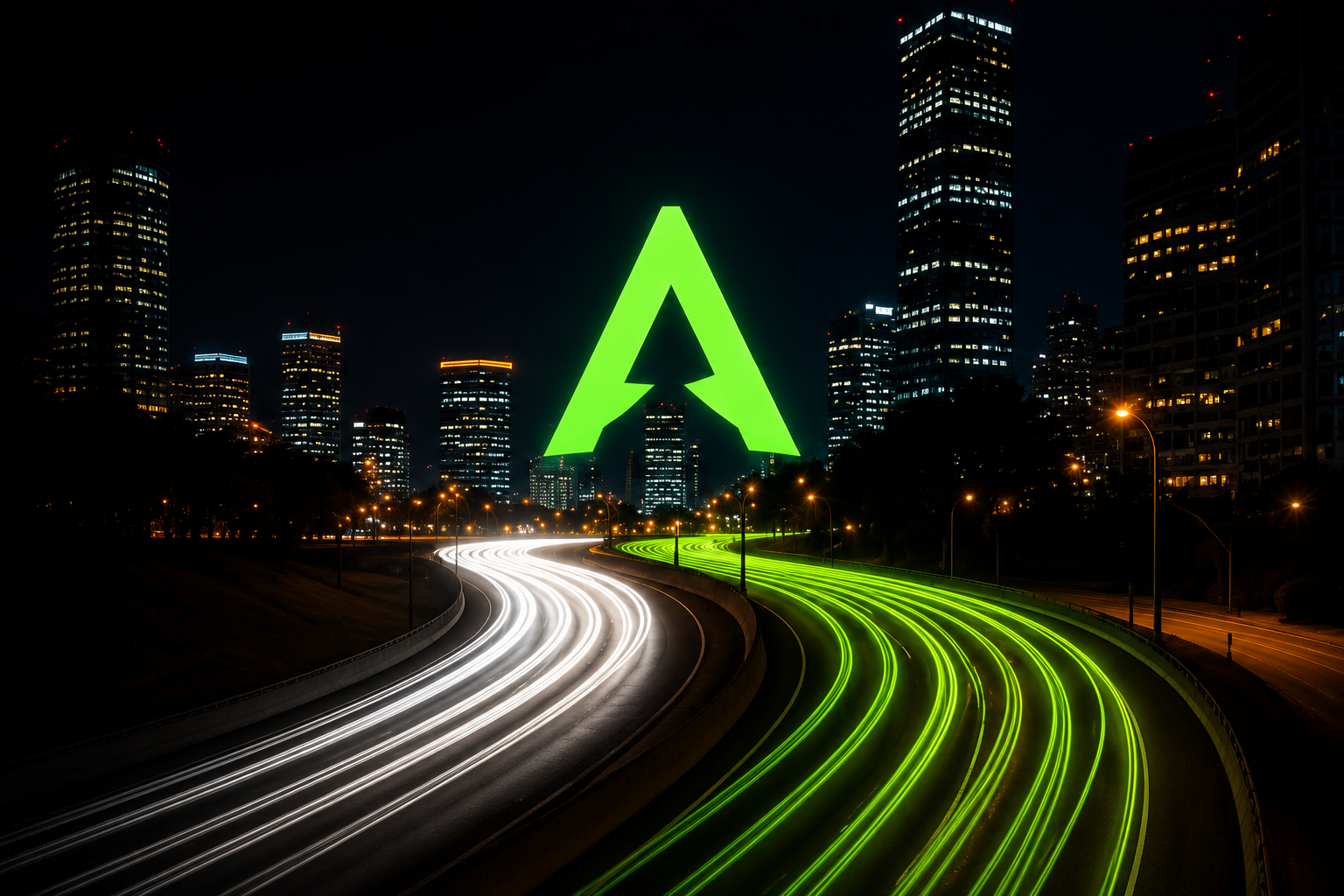 A futuristic nighttime city with white and green light trails representing AkiGO mobility