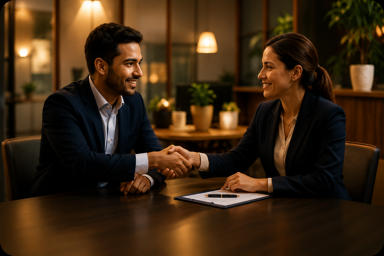 Two business professionals shaking hands in a modern office setting