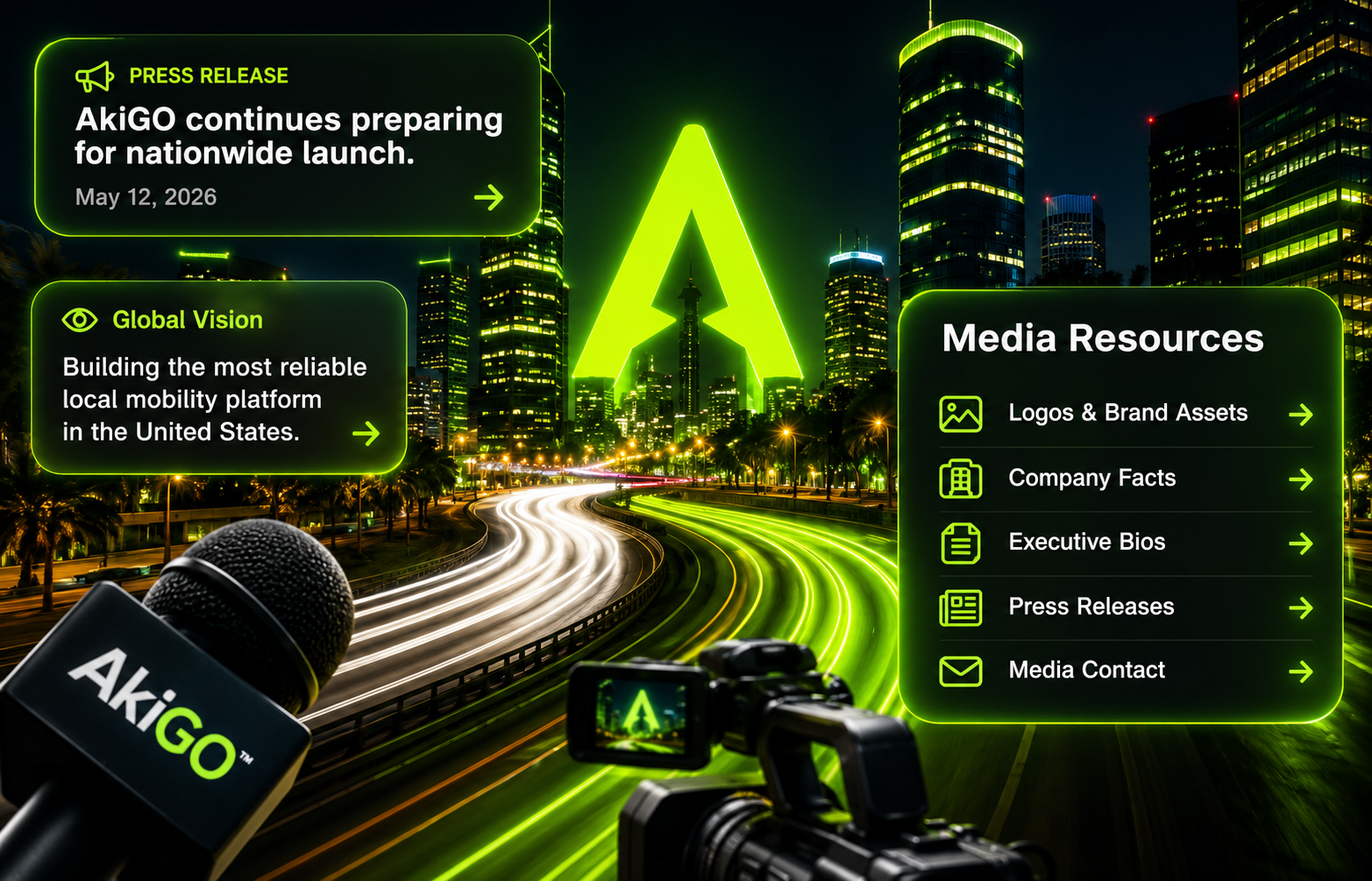 AkiGO Press Center with a microphone, media camera, glowing city skyline, and media resource panels