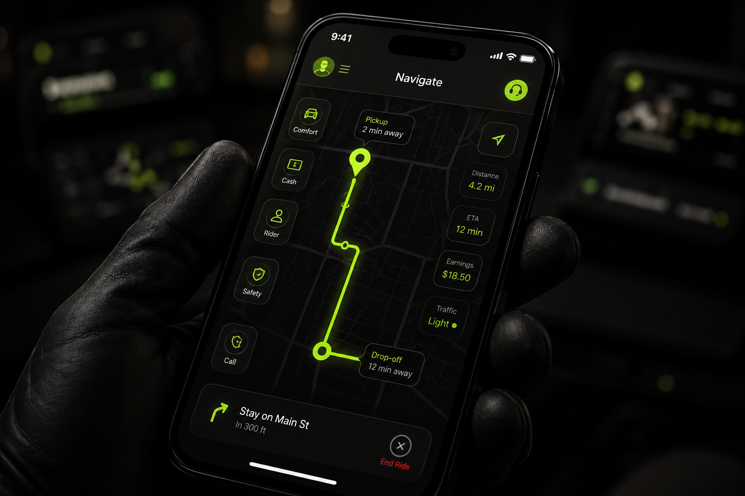 A dark mobile navigation interface with a neon-green route
