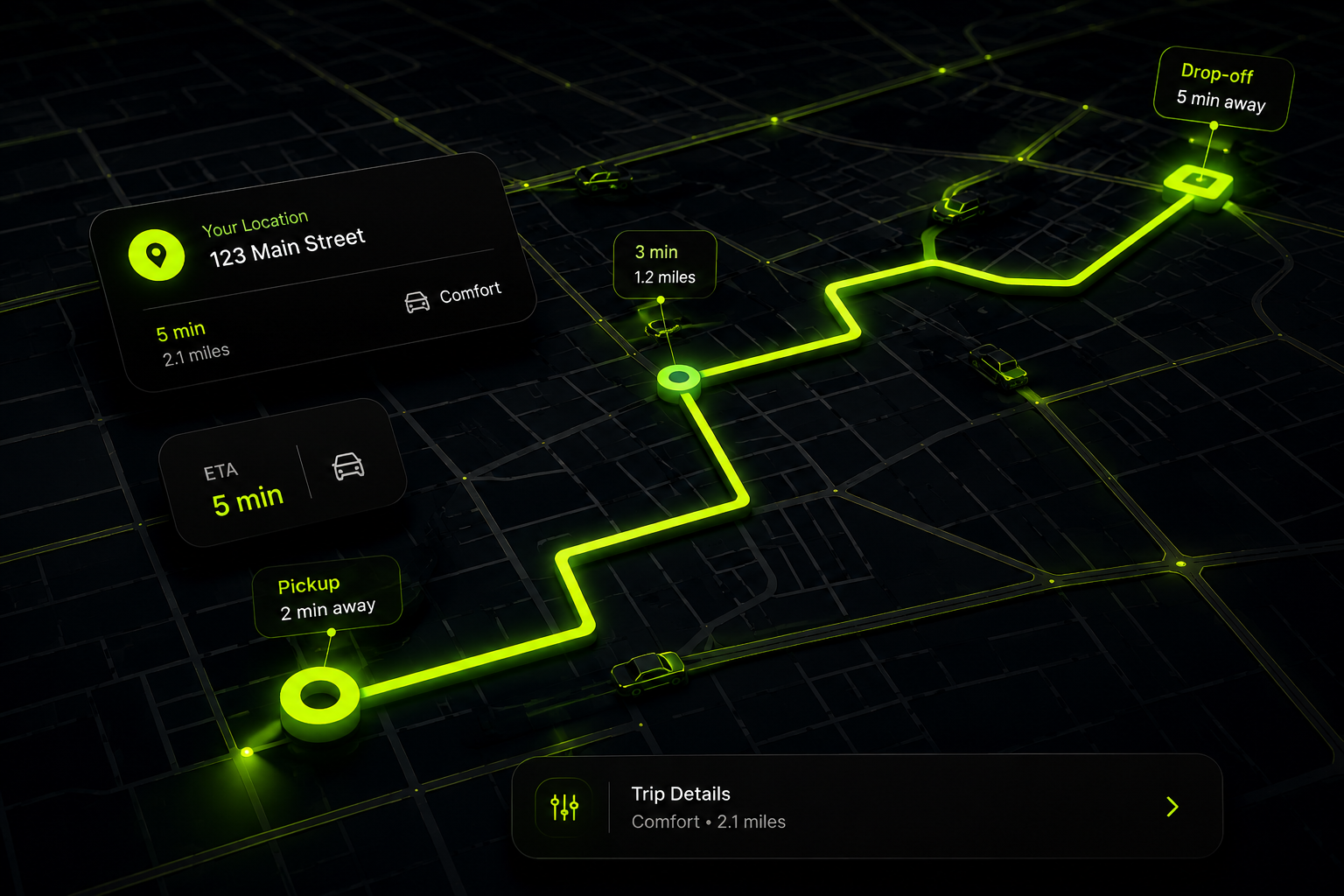 A futuristic dark city map with a bright green route