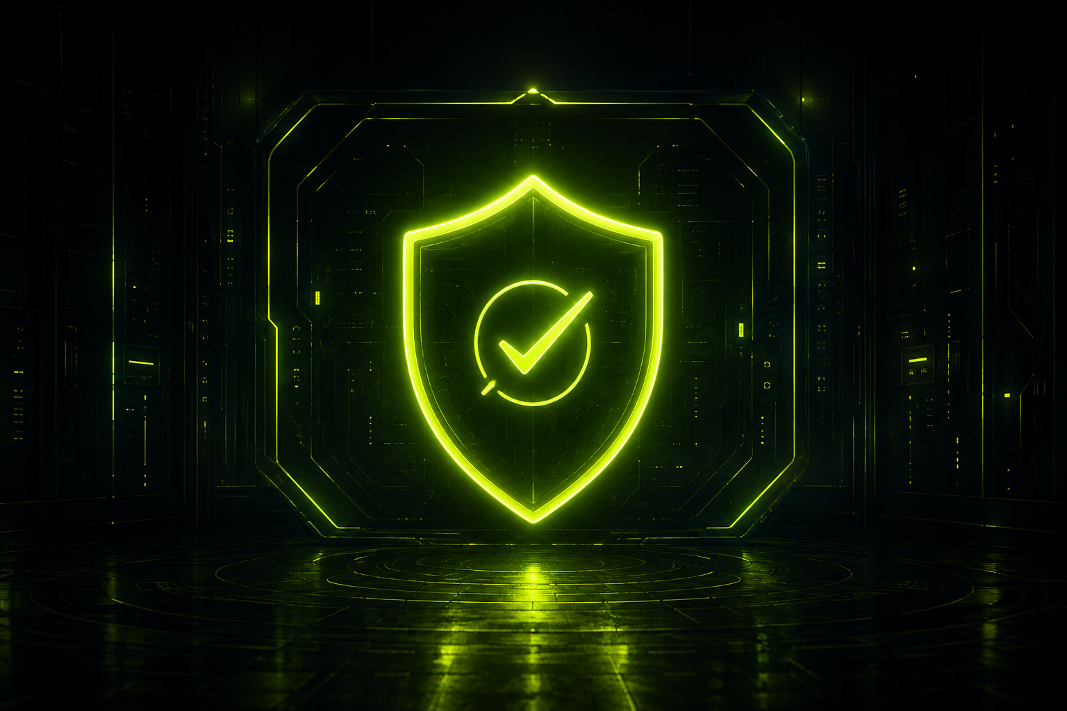 A glowing neon-green security shield in a dark technology environment